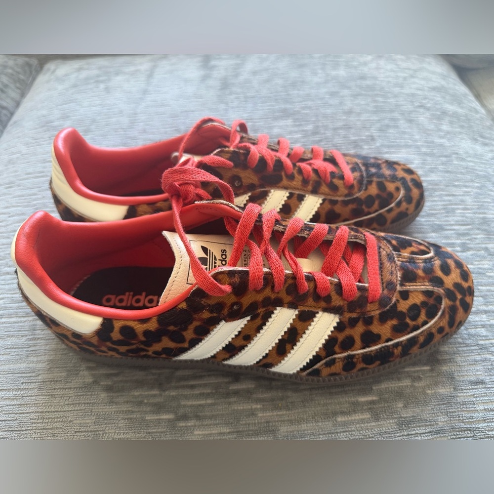 Adidas Leopard Print Sneakers with Red Accents